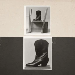 Two black and white photographs showing cowboy boots arranged in still life compositions by Martin Cole
