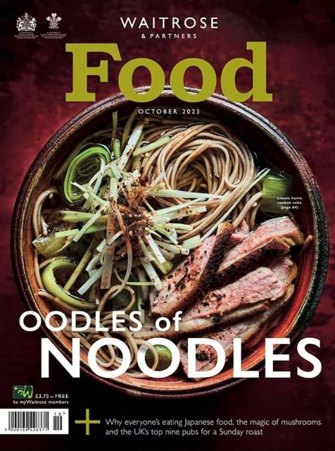 Magazine cover featuring a bowl of noodle soup with meat, alongside the 'Waitrose & Partners Food' logo and October 2023 date.