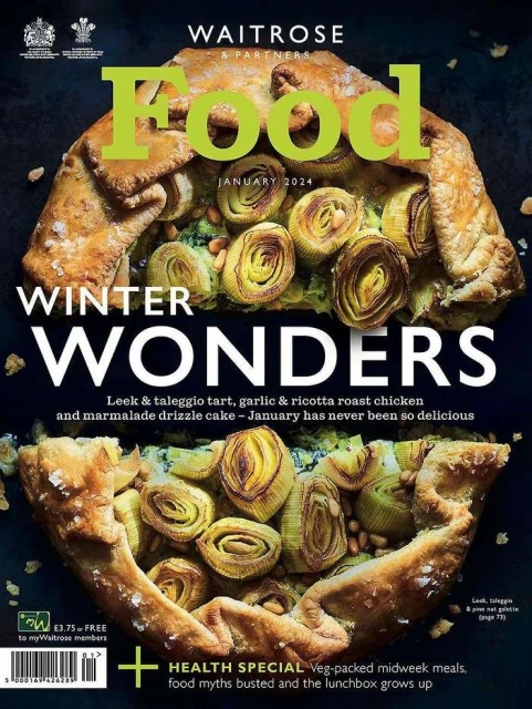 Waitrose & Partners Food magazine cover, January 2024 edition, showcasing a winter wonders theme with a savory tart.