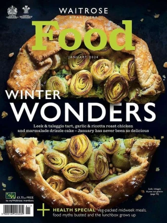 Waitrose & Partners Food magazine cover, January 2024 edition, showcasing a winter wonders theme with a savory tart.