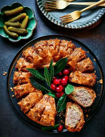 Overhead shot of a savory meat pie garnished with cranberries and bay leaves, along with a bowl of pickles and stacked plates.