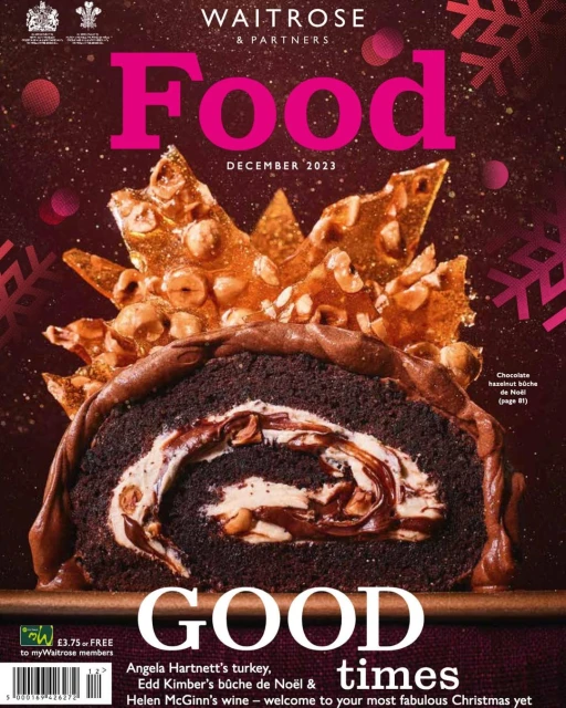 Waitrose & Partners Food magazine cover, December 2023 issue, featuring a chocolate hazelnut buche de Noel with decorative sugar shard topping.