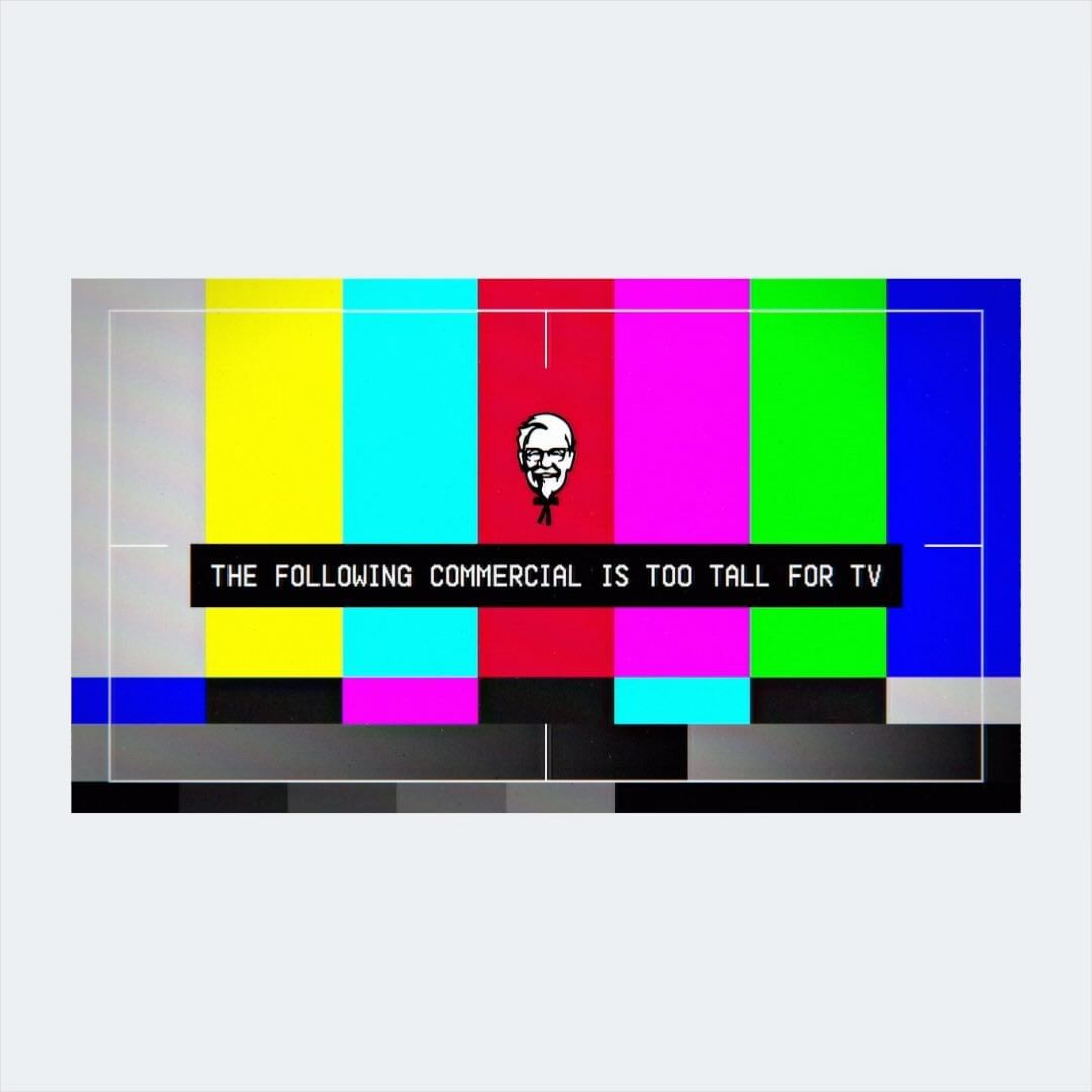Television test pattern graphic with vertical bars of color and KFC logo, featuring text about commercial length. 