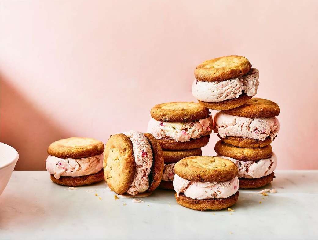 Stack of ice cream sandwiches with round cookies and light pink ice cream filling against a pink background; food and beverage.