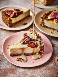 Slice of fig and pecan tart on a pink plate with caramel sauce being poured over it, photographed by Martin Poole