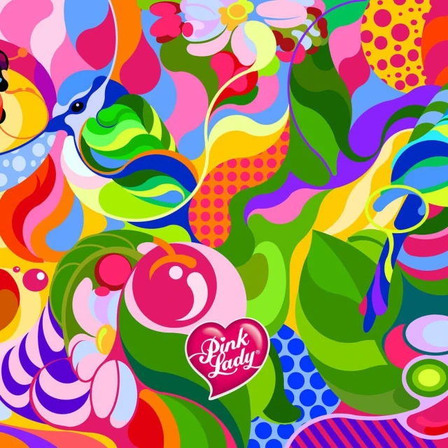 Colorful and vibrant abstract illustration featuring a bird, apple, flowers, and fluid shapes in a whimsical, eye-catching design.