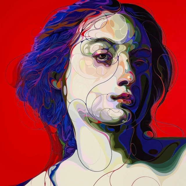 Portrait of an abstract female figure in an art painting with swirling lines, bold red background, and colorful details.