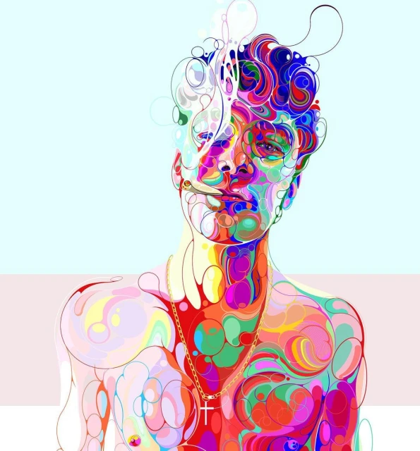 Colorful digital art portrait of a shirtless person with painted swirls and a gold cross necklace on a light background.