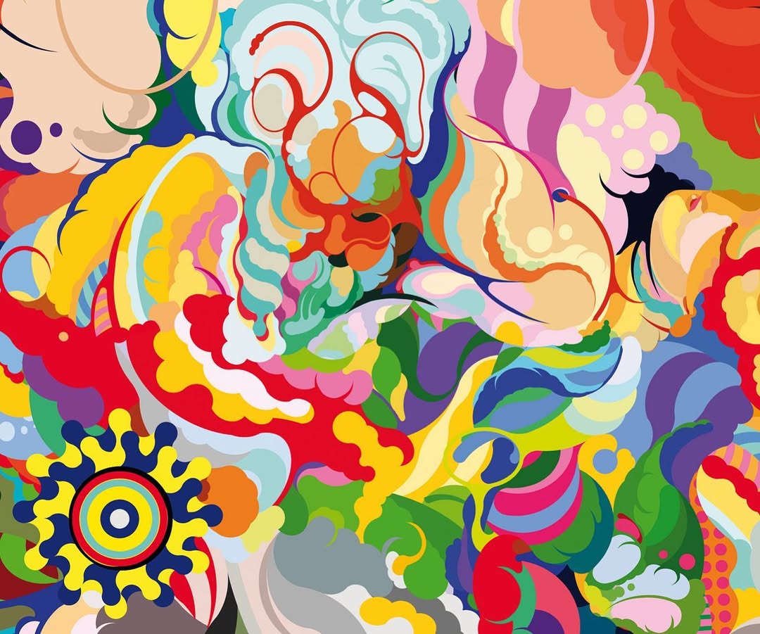Abstract art with vibrant colors, swirls, and geometric patterns creating a psychedelic and decorative composition, reminiscent of 1960s art.
