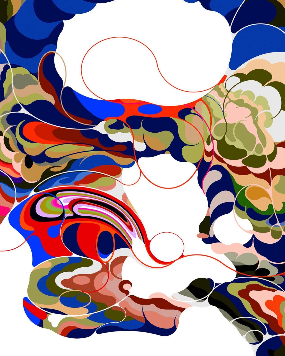 Abstract art featuring swirling shapes and colorful patterns in red, blue, black, and neutral tones on a white background, creating a dynamic visual.
