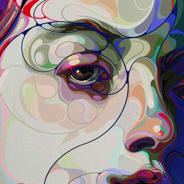 Close-up digital art of a person's face with flowing lines, showcasing an eye, nose, and mouth in shades of blue, pink, and green.