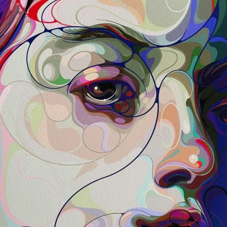 Close-up digital art of a person's face with flowing lines, showcasing an eye, nose, and mouth in shades of blue, pink, and green.