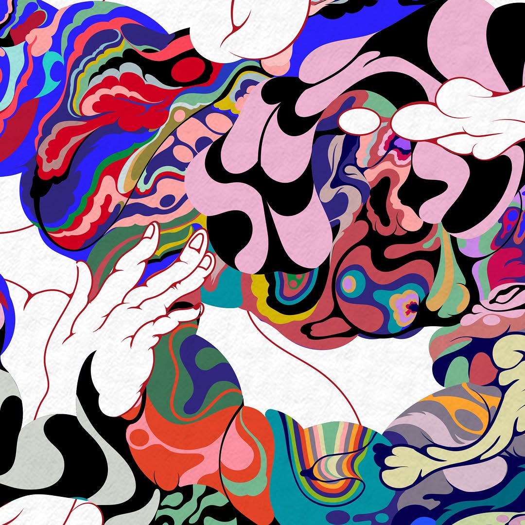 Abstract art illustration featuring colorful swirling shapes and a partial view of a human hand, creating a visually complex design.