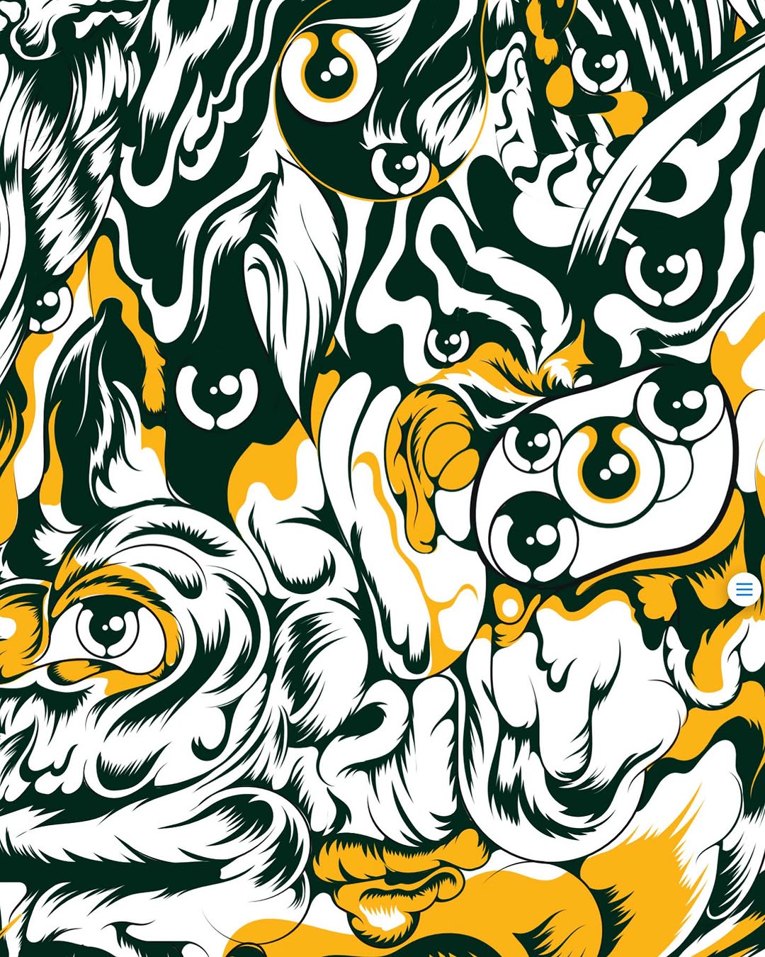 Abstract art with swirling patterns, stylized faces, and eyes in white, yellow, and black, creating a visually engaging composition.
