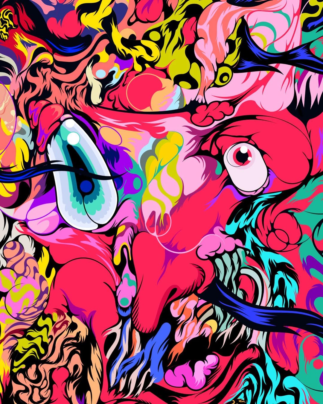 Vibrant abstract art illustration featuring a surreal face-like figure with bright colors, fluid lines, and organic shapes on a black backdrop.