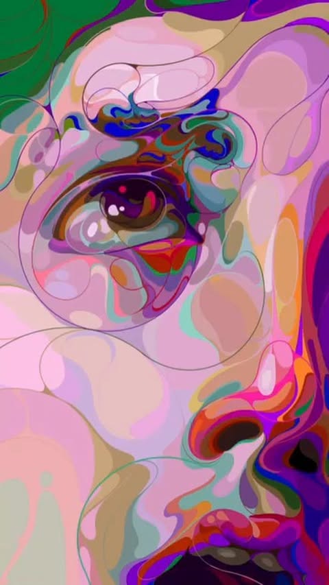 Abstract digital painting featuring a stylized close-up of a human eye, mouth, and facial features in various shades of pink and purple.