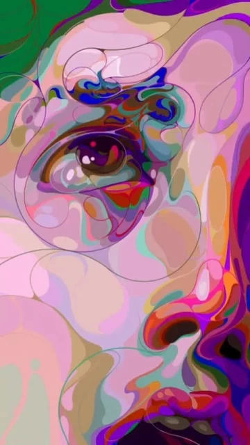 Abstract digital painting featuring a stylized close-up of a human eye, mouth, and facial features in various shades of pink and purple.