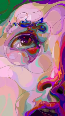Abstract digital painting featuring a stylized close-up of a human eye, mouth, and facial features in various shades of pink and purple.