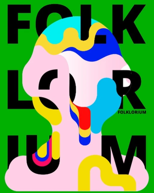 Abstract art poster with a colorful, silhouetted figure against a vibrant green background, featuring bold black typography.