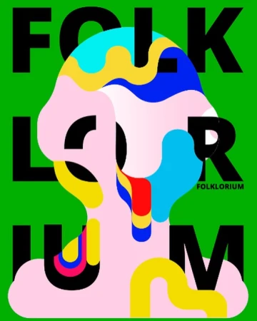 Abstract art poster with a colorful, silhouetted figure against a vibrant green background, featuring bold black typography.