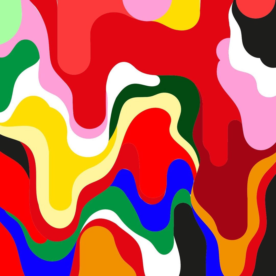 Abstract art illustration features dynamic, swirling shapes with a vibrant color palette including red, yellow, blue, green, and black.