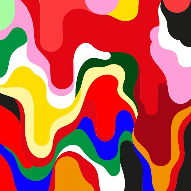 Abstract art illustration features dynamic, swirling shapes with a vibrant color palette including red, yellow, blue, green, and black.