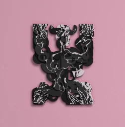 Layered cut-paper typographic illustration in black and white featuring horned bull imagery on a soft pink background by Martin Sati.