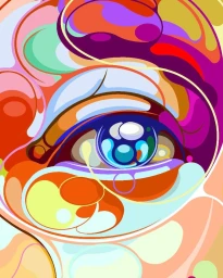 Close-up digital illustration of a detailed human eye surrounded by vibrant flowing abstract shapes and warm saturated colors.