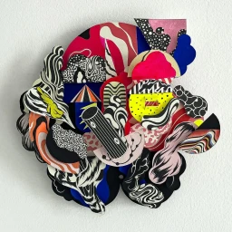 Colorful abstract paper sculpture composition featuring layered geometric and organic patterned shapes by Martin Sati