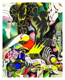 Colorful abstract layered paper art composition featuring organic shapes, patterns, and vibrant graphic elements by Martin Sati