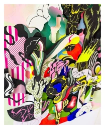 Colorful abstract paper art sculpture featuring layered shapes, bold patterns, and vibrant pink, green, and black details by Martin Sati