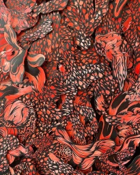 An overhead composition of layered, cut-out paper artwork featuring intricate abstract red and black patterns by Martin Sati.
