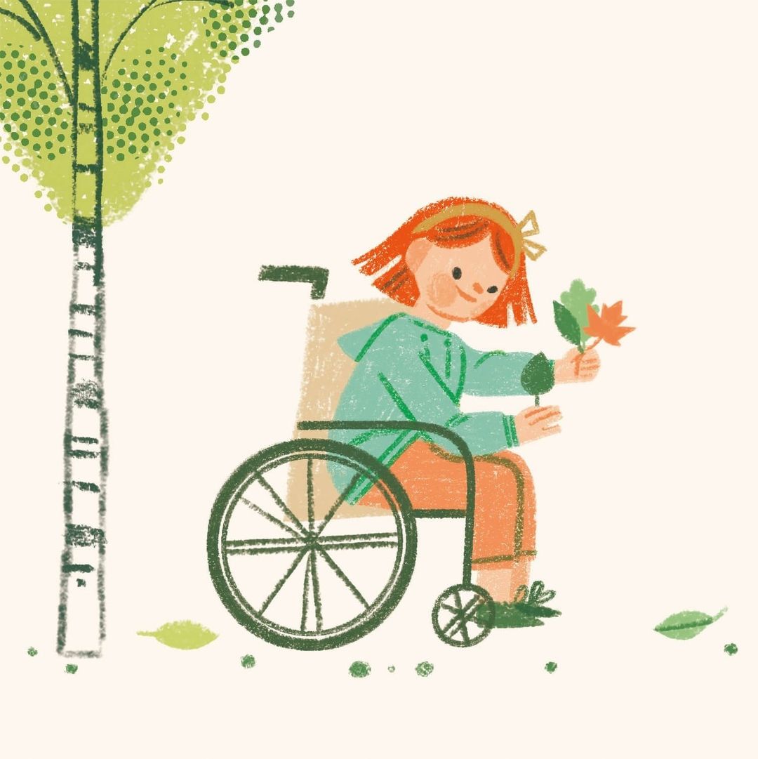 Illustration of a young girl with red hair in a wheelchair holding autumn leaves next to a birch tree on a cream background.