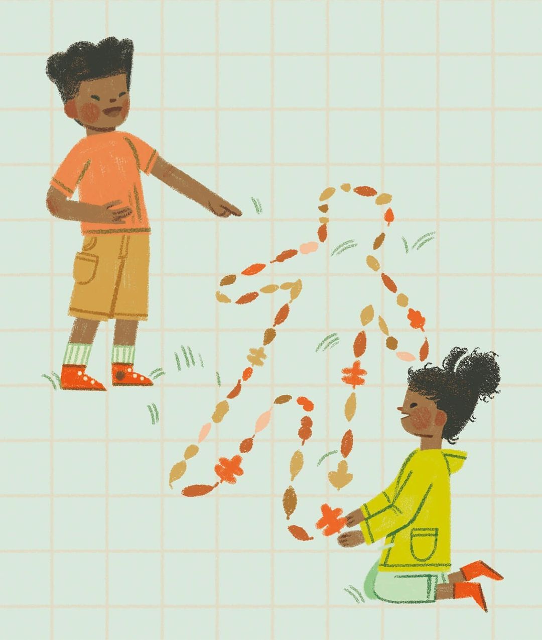 Illustration of a young boy and girl placing autumn leaves in the shape of a person on a gridded surface, cheerful kids activity.