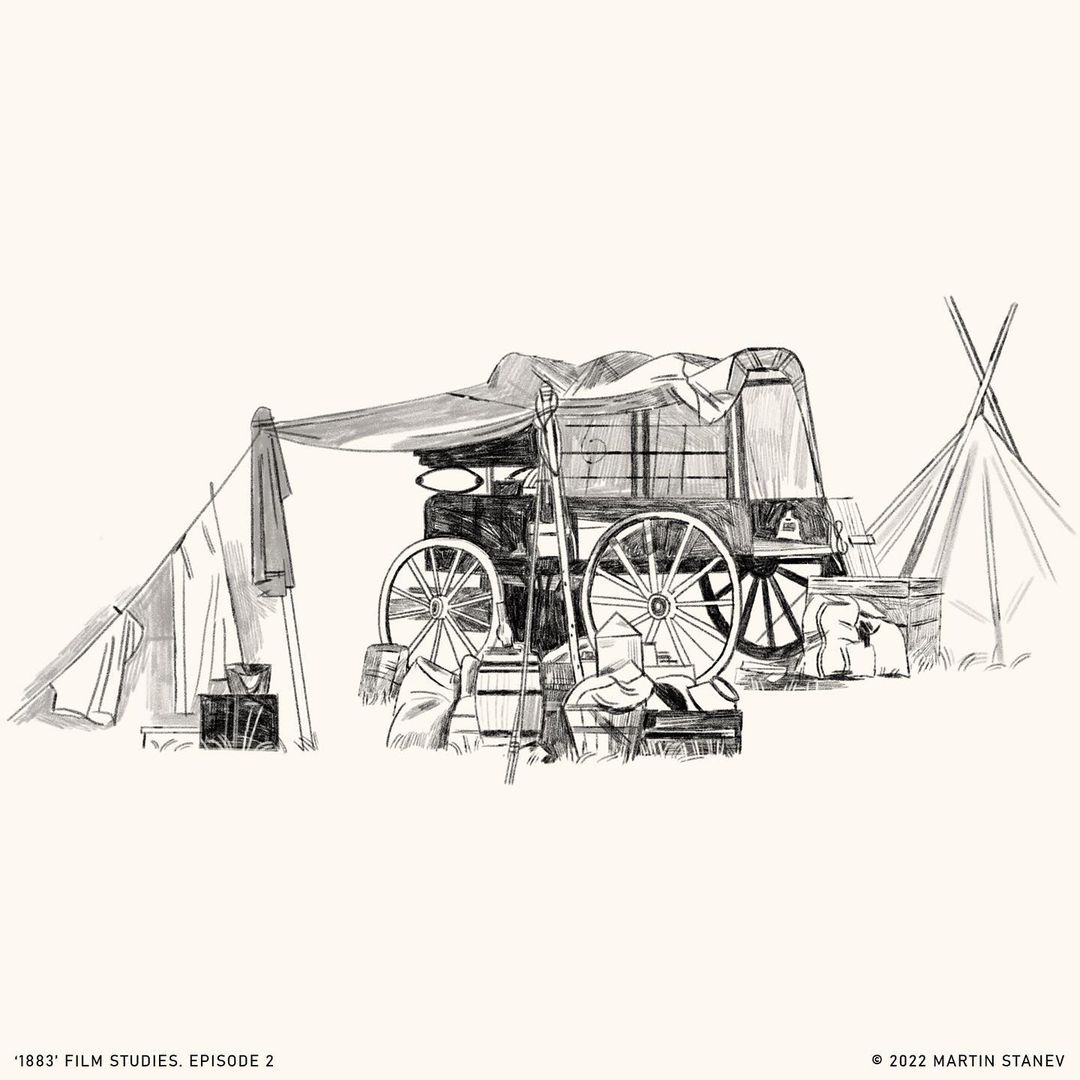 Black and white sketch of a covered wagon, camping supplies, and two tents with a light background.