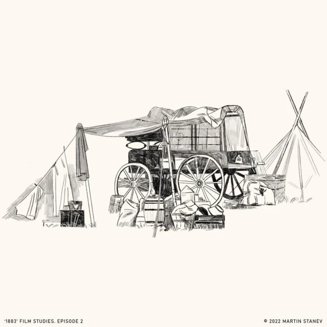 Black and white sketch of a covered wagon, camping supplies, and two tents with a light background.