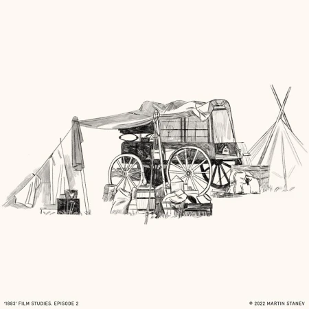 Black and white sketch of a covered wagon, camping supplies, and two tents with a light background.