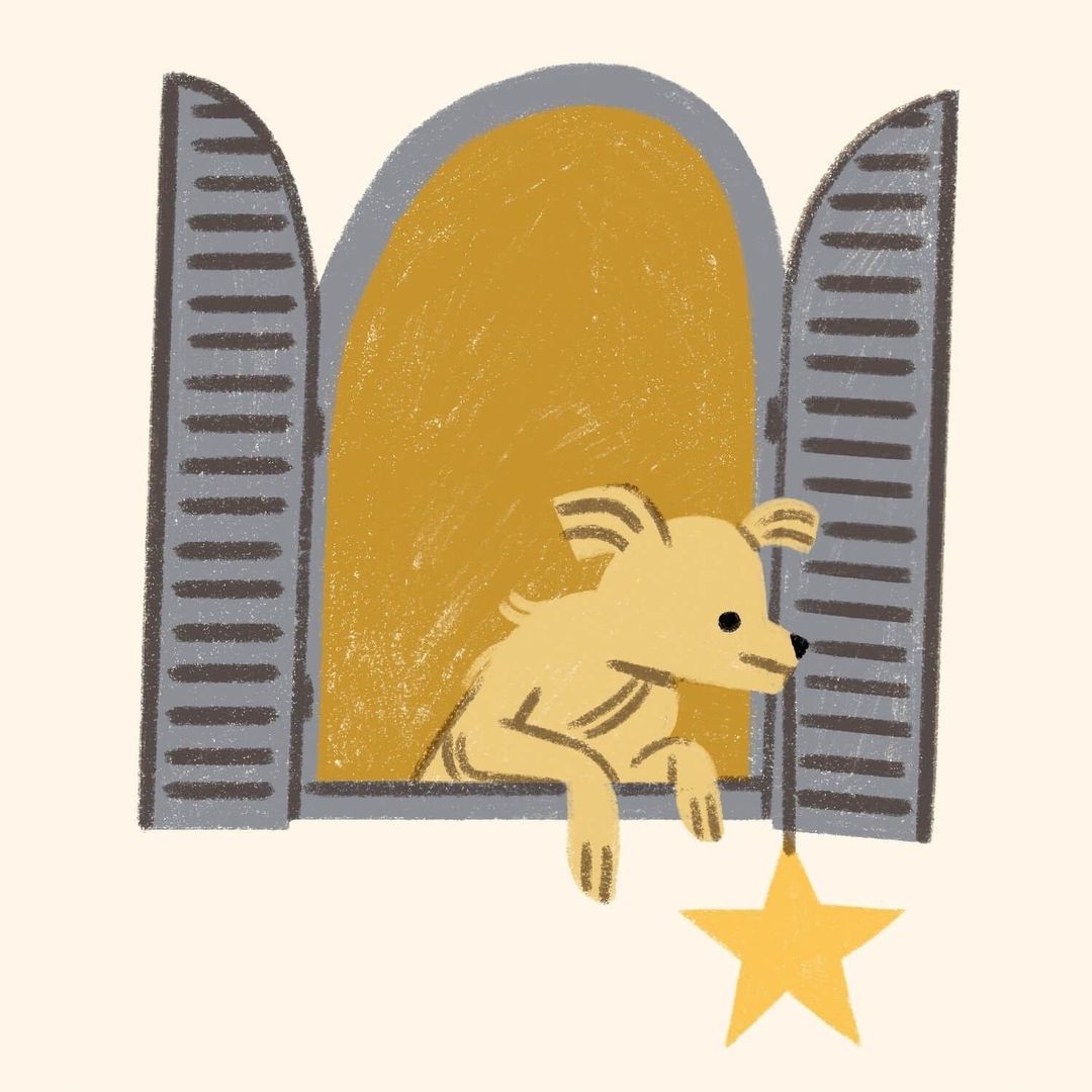 Illustration of a tan dog leaning out of an open window with grey shutters, gazing down at a yellow star hanging below.