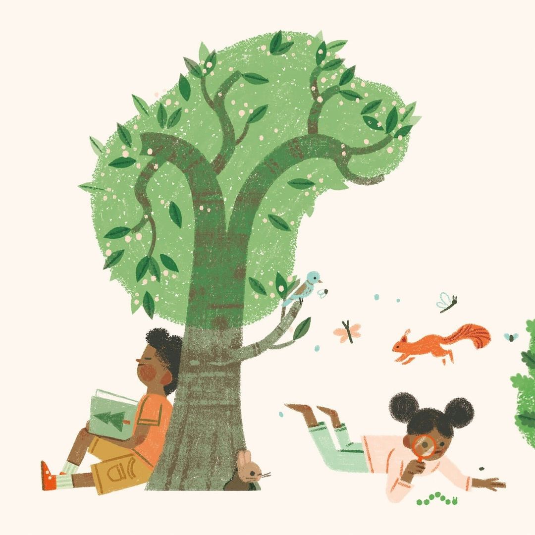 Illustration of two children reading and exploring nature by a tree, with a squirrel, bird, butterflies, and other plants around them.