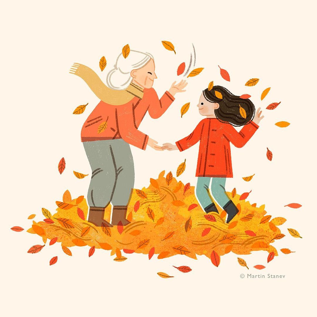 Illustration of a smiling elderly woman and a young girl throwing fall leaves into the air on a pile of fallen leaves.