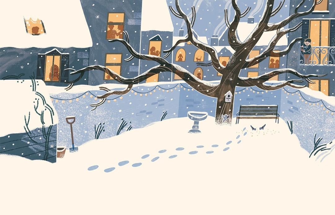 Illustration of snow-covered buildings with people in windows and a bare tree in foreground during winter, in cool blues and yellows.