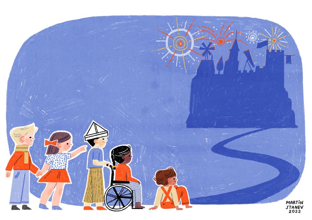 Children in illustration watching fireworks behind a castle silhouette; one child uses a wheelchair, evoking wonder and imagination.