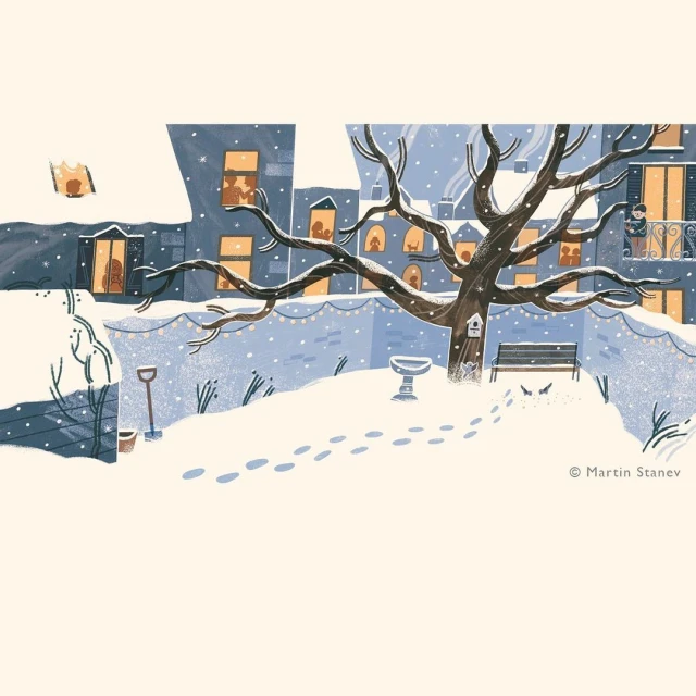 Illustration of a snowy neighbourhood at night, featuring lit windows, a bare tree, and footprints in the snow.