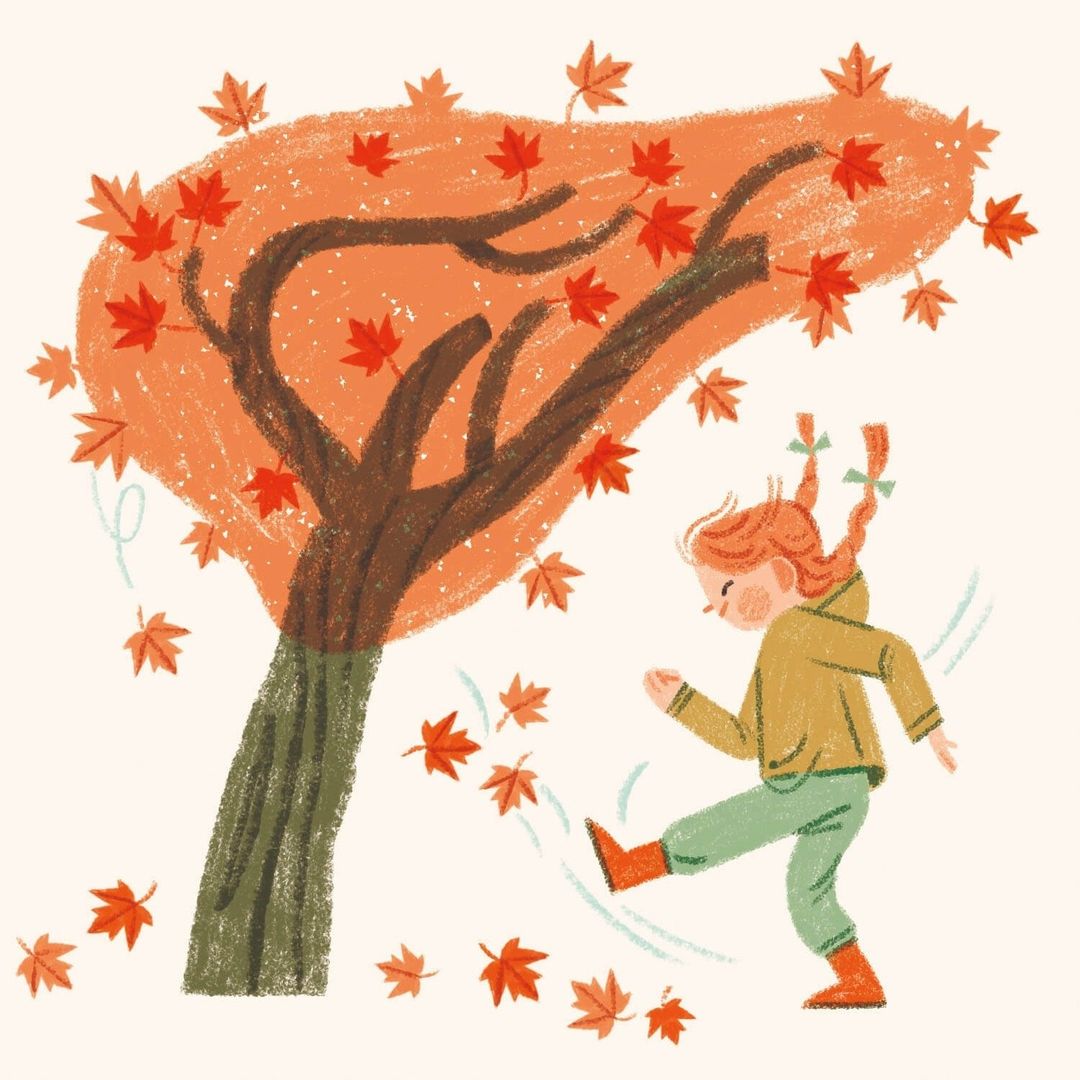 Illustration of a red-haired child kicking up red autumn leaves near an orange tree with sparse leaves, created in a whimsical style.