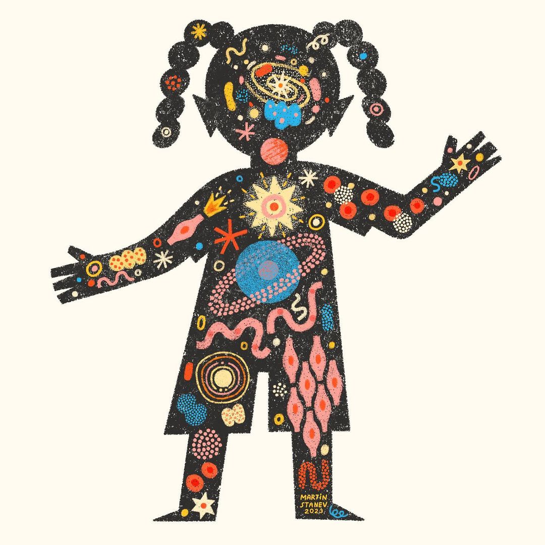Illustration of a child's silhouette filled with celestial and abstract shapes on a cream background, created in a textured, vintage style.