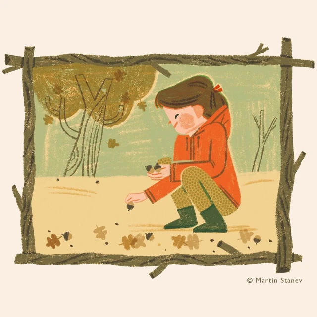 Illustration of a girl in an orange coat crouching to pick up nuts, with autumn leaves and a tree in the background.