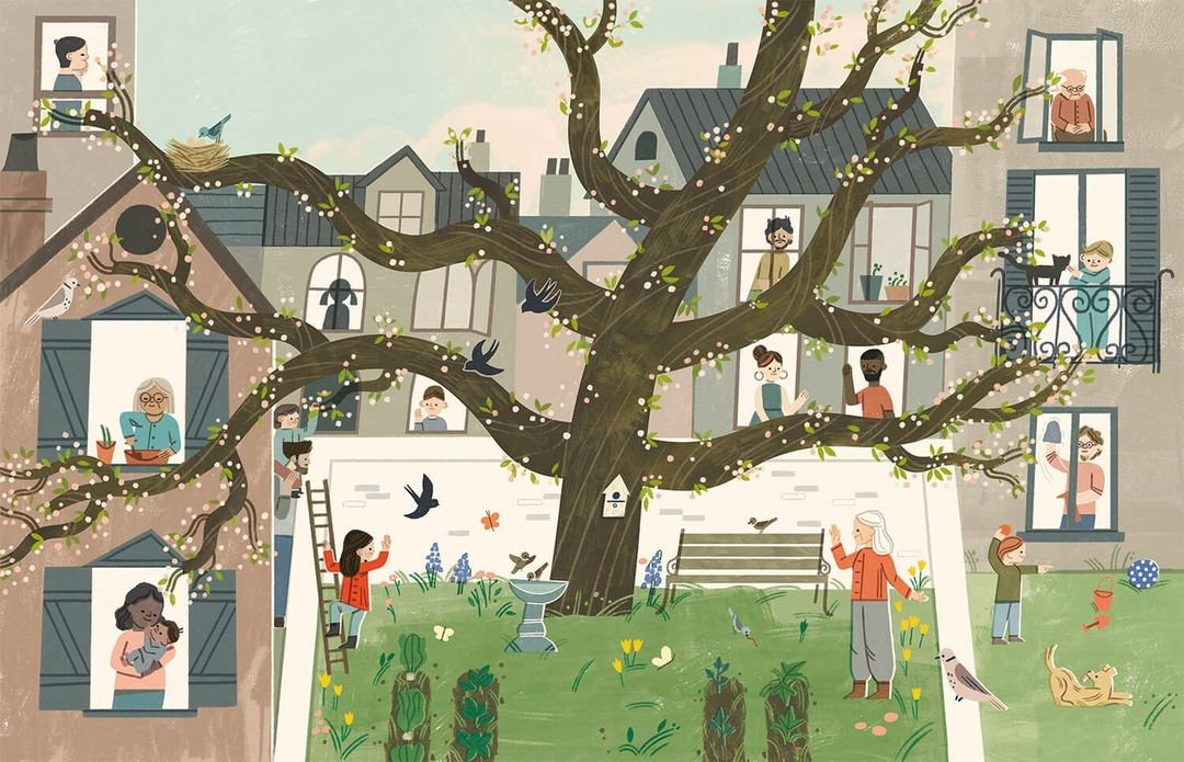 Illustration of people in windows of buildings surrounding a large tree with white blossoms, set in a garden with birds and flowers.