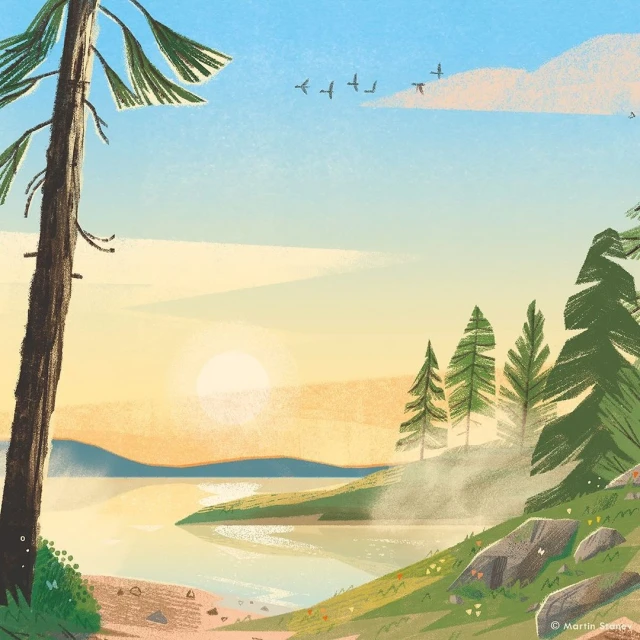 Illustration of a tranquil lake landscape featuring evergreen trees, grassy hills, a serene lake, and birds flying in a clear blue sky.