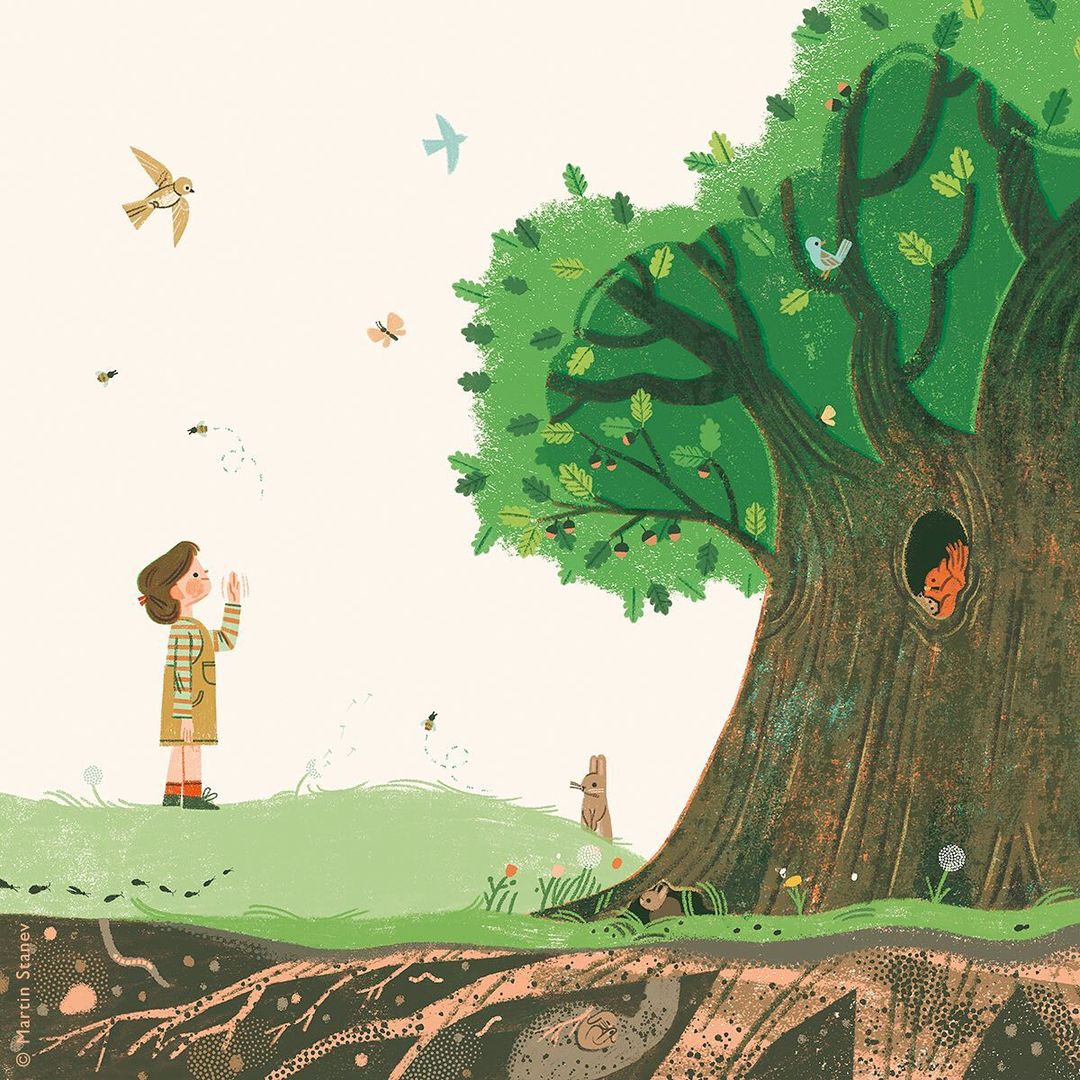 Illustration of a young girl looking at birds and insects near a large tree, showing above and below ground life in a whimsical style.