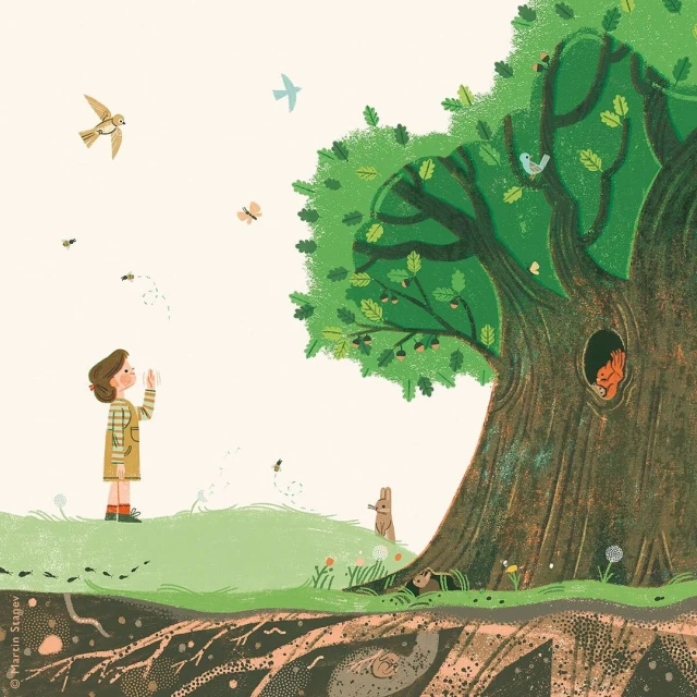 Illustration of a young girl looking at birds and insects near a large tree, showing above and below ground life in a whimsical style.